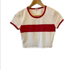 GARAGE Cropped White&Red Crew Neck Stripe Short Sleeve Stretch Tee Shirt Top M
